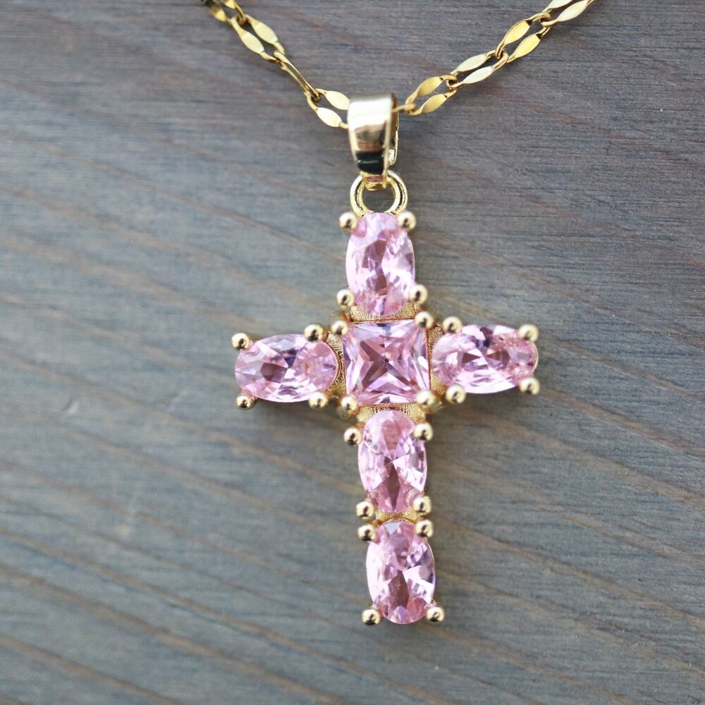 Cross Pendant Pink CZ Necklace 18k Gold Plated Stainless Steel - Picture 1 of 2